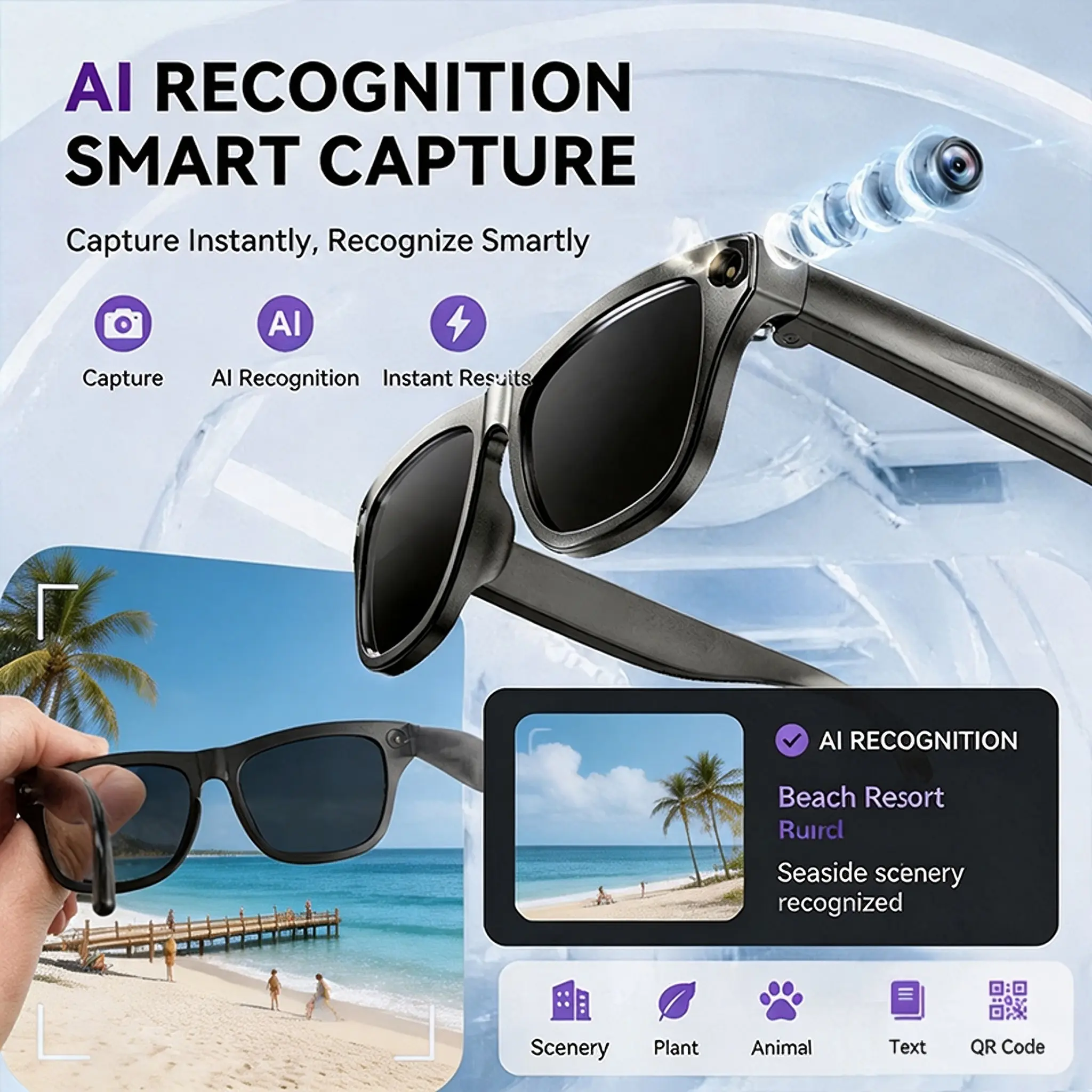 Smart AI Glasses with Chip, 8MP 1080P HD Camera, Real Time Object Recognition, Vid Liv Stream, Real Time Translation, Voice Assistant, Calls Music, Ideal Gift Choice