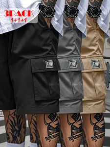 Men’s cargo shorts 3-pack — loose fit, no stretch, solid color, multi-pocket work shorts — casual, relaxed-fit shorts suitable for summer wear