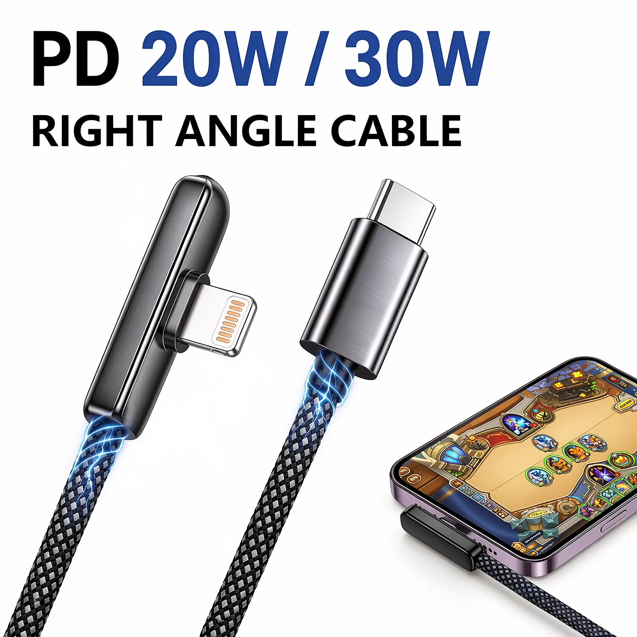 30W PD Right Angle Lightning Cable 90 Degree Gaming Charger Cord Braided Durable Fast Charging Phone Cable Compatible with iPhone 14 13 12 11 Pro Max Plus Mini X XR XS 8 7 6 SE iPad AirPods, Heavy Duty No Block Hand, 3.3ft 6.6ft