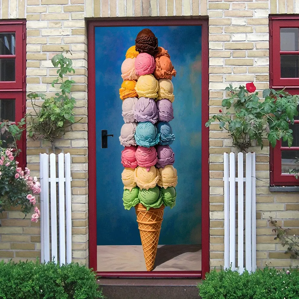 2pcs Colorful Ice Cream Cone Wall Stickers, Decorative Decal, Kids Room, Bedroom, Living Room Decor, Self Adhesive Removable, Cartoon, Sweet Theme, Collage, Door Decorations