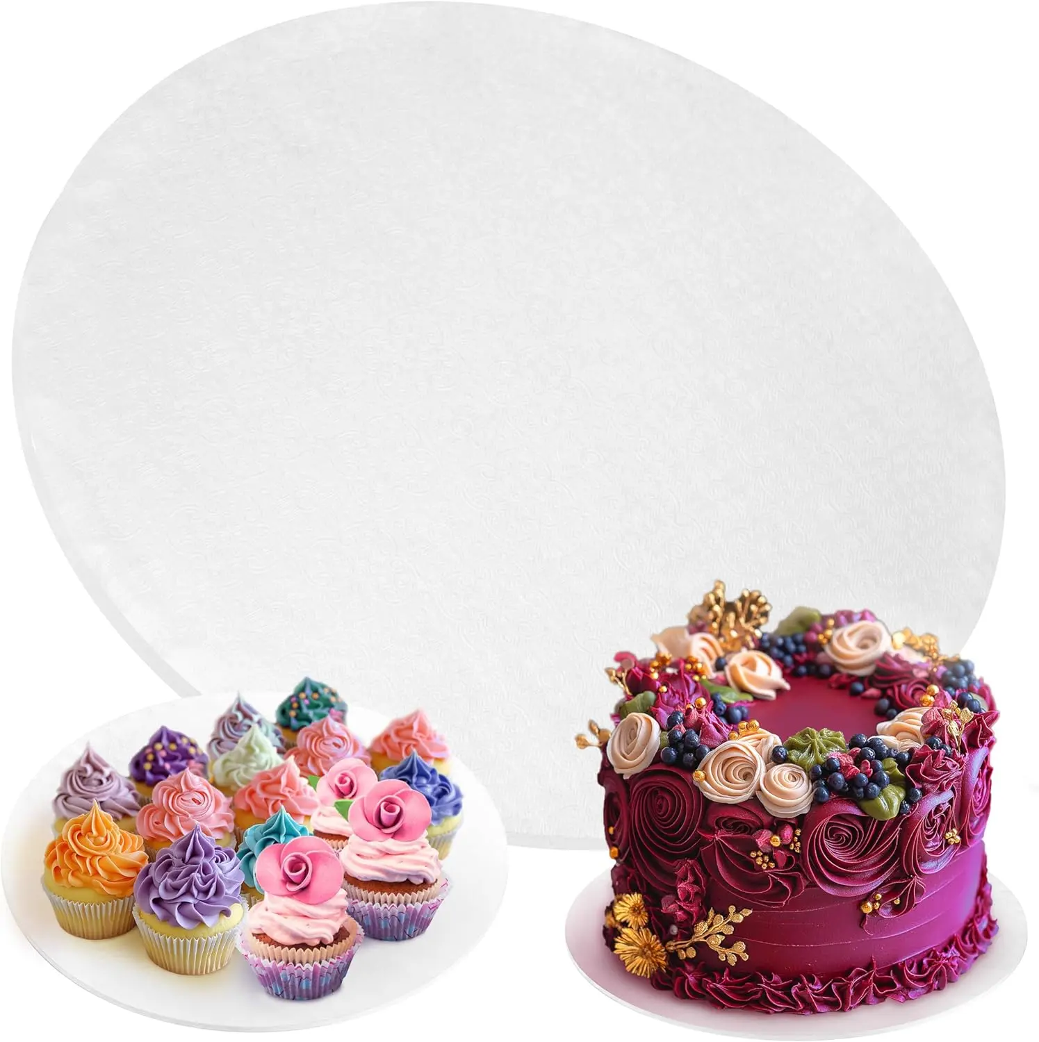 14-Inch White PixiPy Round Cake Board - Lightweight Sturdy Cardboard Drum, Smooth Surface, Food-Safe Grease-Resistant Base for Wedding Decoration, Fruit Display, Cake Border Accents
