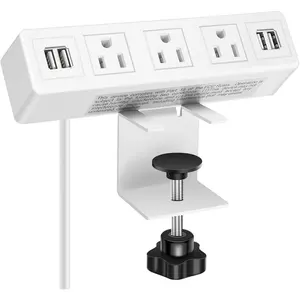 3 AC Outlet Desk Clamp Power Strip White, Desk Mount USB Charging Power Station, Removable Desktop Edge Power Center Plugs Output 125V/60HZ/12A/1500W, USB 5V/4A 6.56FT Cable CCCEI