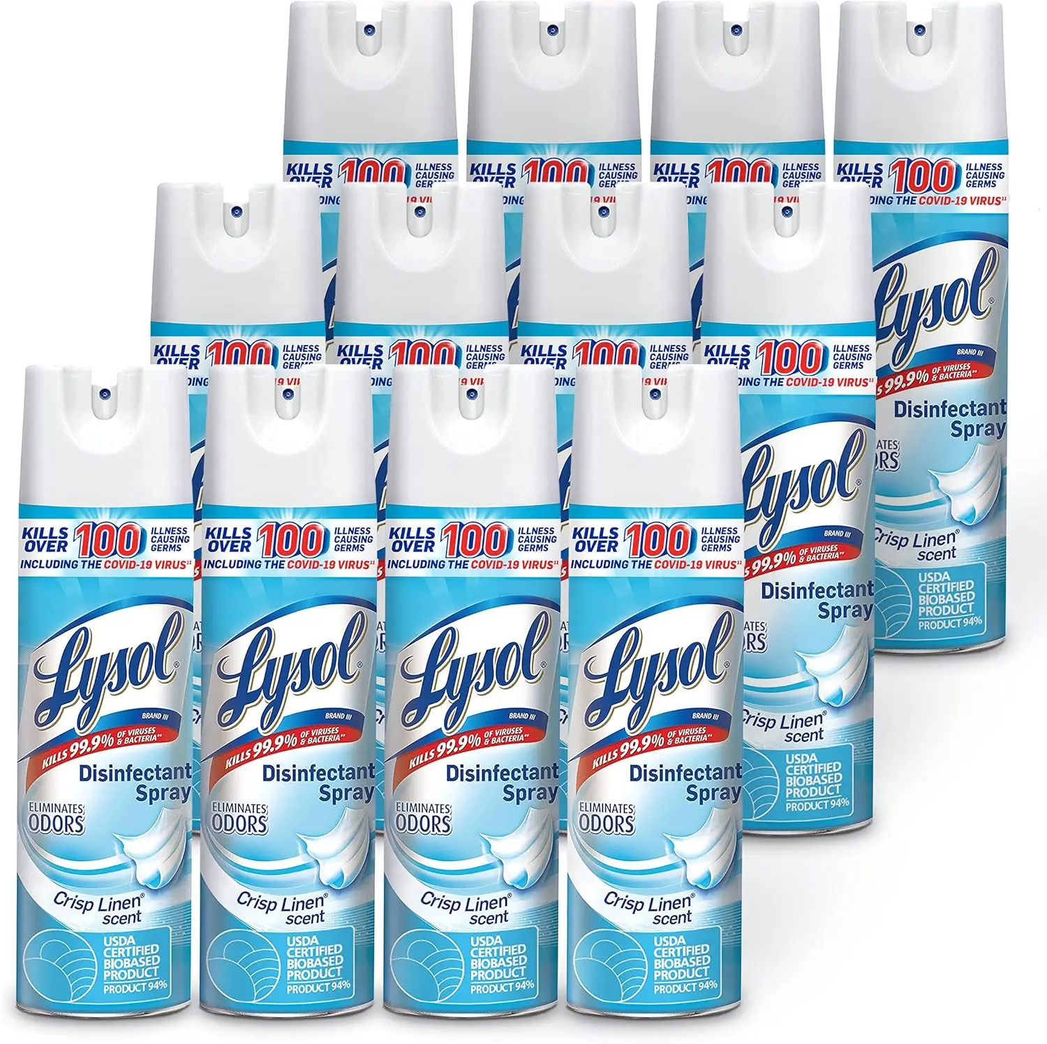 Lysol Disinfectant Spray, Household Essential Cleaning Supplies, Multi-Purpose Room Spray, Antibacterial Sanitizer Spray, Upholstery Deodorizer, Home and Bathroom, Crisp Linen,19 Fl Oz (Pack of 12)