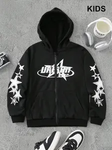 Kids ‘Urban Star’ Graphic Zip-Up Core Hoodie — Hot-Selling Streetwear! Bold Star Accents + Logo Print, Black Base & Comfort Fit For Kids’ Casual Style. Trendy Statement Outerwear, Graphic Hoodies, Zip Up Hooded