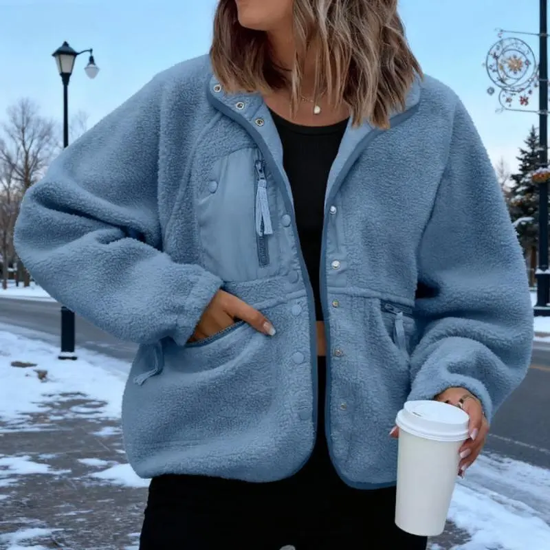 YYW1 Women's Comfortable Fleece Jacket, Casual Loose-Fitting Solid Full-Zip Coats, Light Pocketed Outerwear, 90% - 95% Polyester, Polyester, Collared Neck