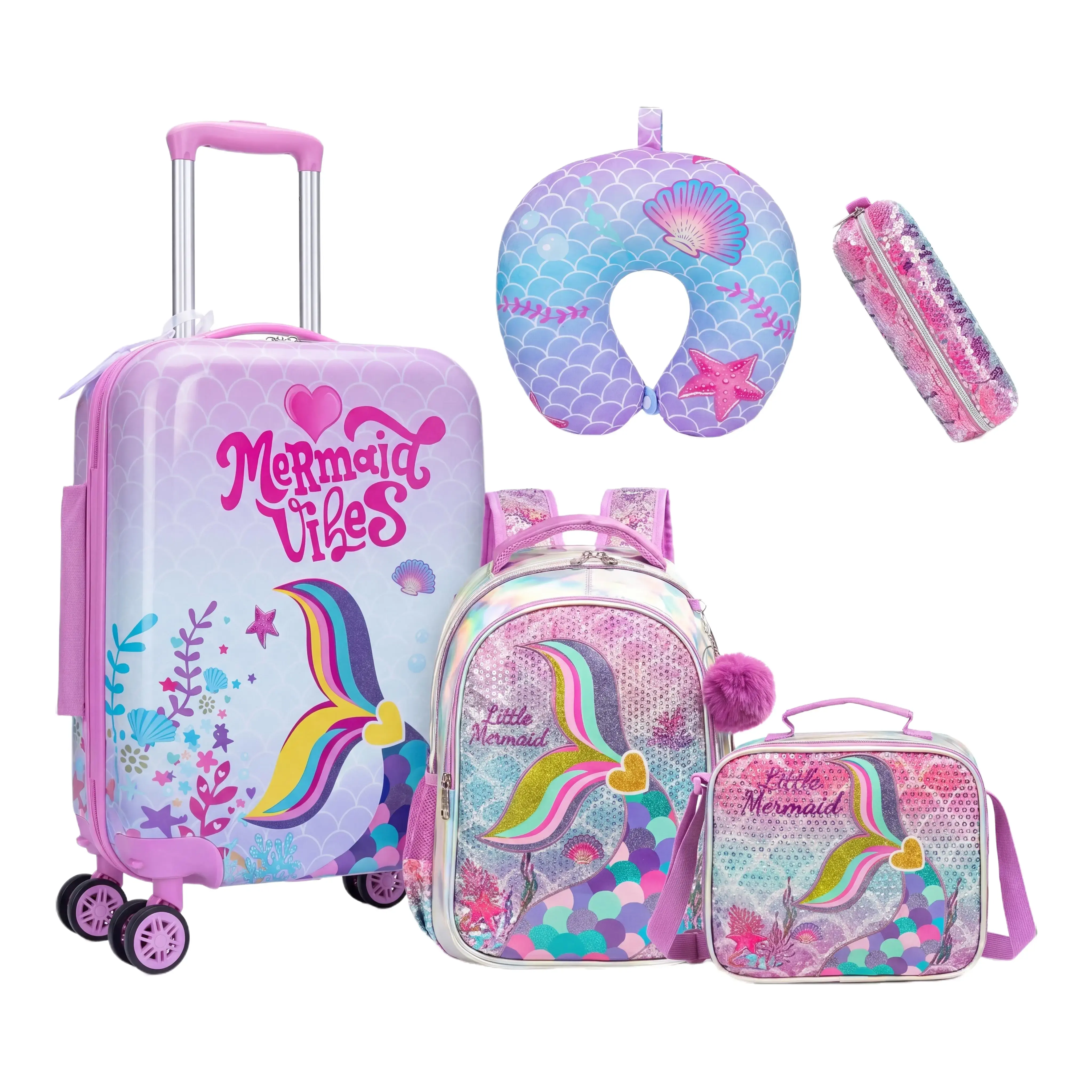 Girls' 5-Piece Luggage Set, Glitter Mermaid ABS Hard-Shell Carry-On Suitcase with Spinner Wheels & Backpack for Travel and Back to School, Back To School Haul, 4 Wheels 360 Rotation, 360° Wheels