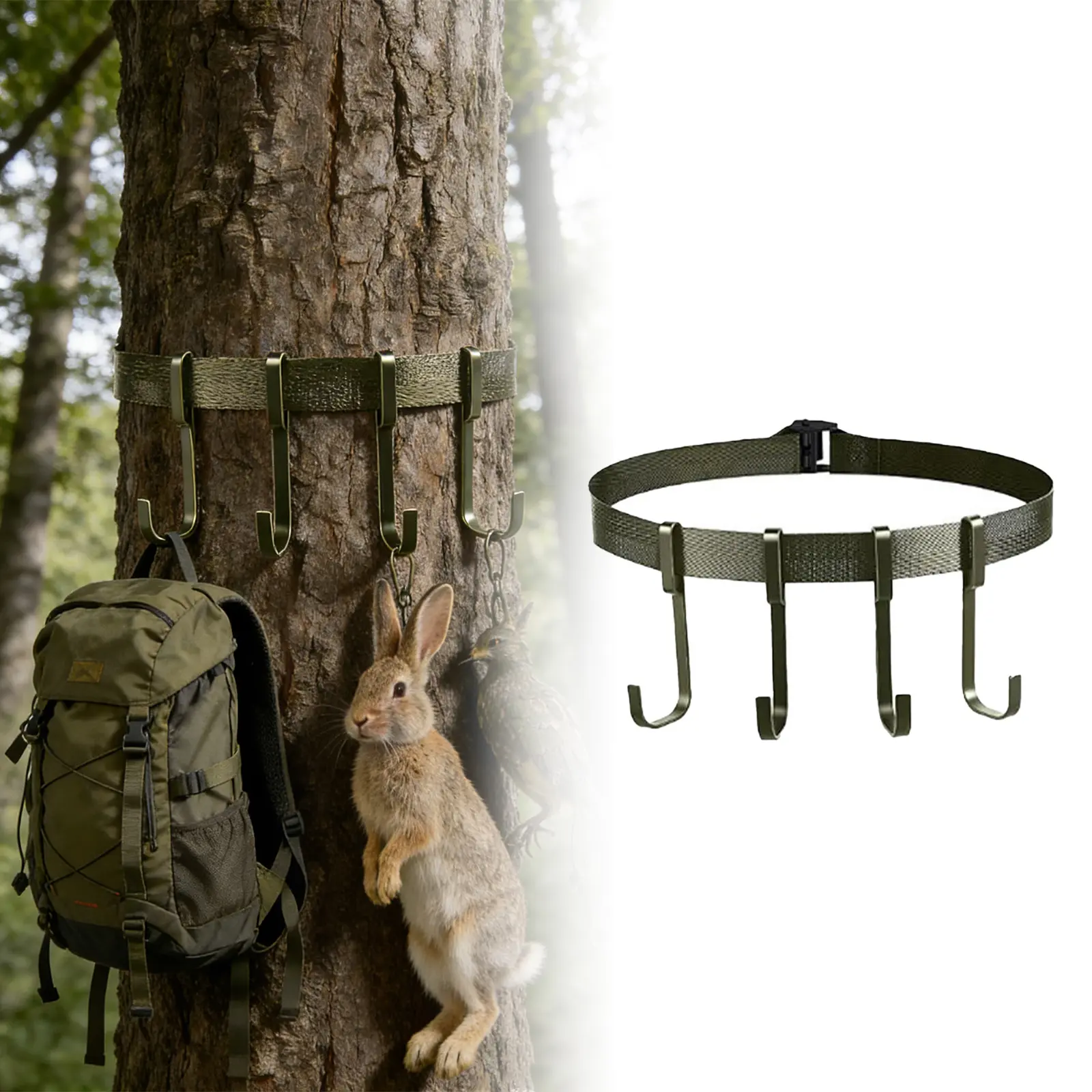 4‑Hook Gear Hanging Strap – Heavy Duty Hunting & Camping Accessory | Adjustable Nylon Webbing with Metal Buckle – Holds Backpacks, Game Meat, Bags – High Strength, Portable & Durable for Outdoor Use