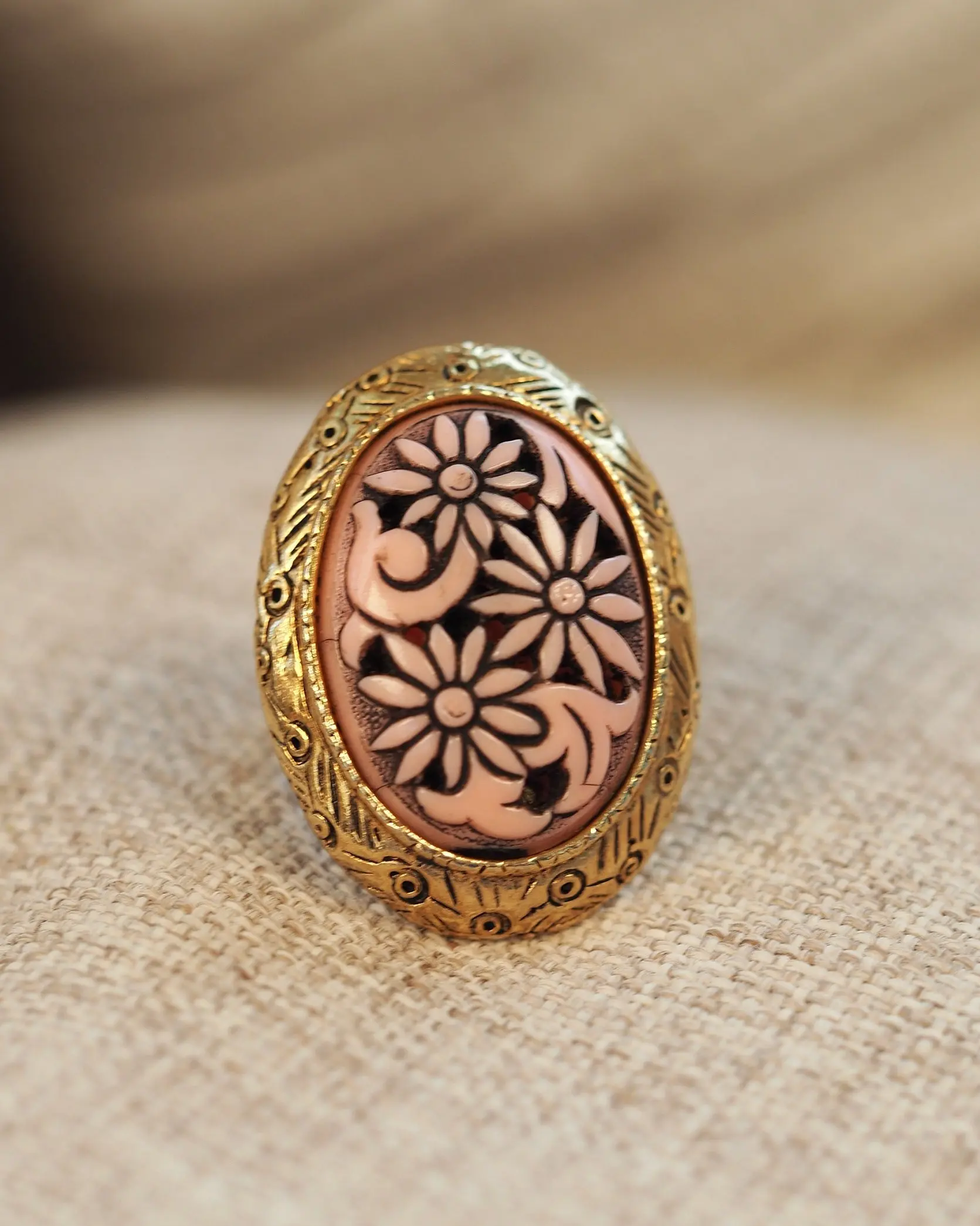 Rare Vintage Selro-Attributed Pink Floral Cameo Ring