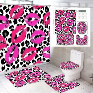 1/4pcs Leopard Print Bathroom Set, Bathroom Decoration Accessories - Pink & Black Leopard Kisses Shower Curtain, Matching Bath Mat & Toilet Seat Cover - Perfect for Valentine's Day, Home Decor Gift, Vibrant Playful Aesthetic