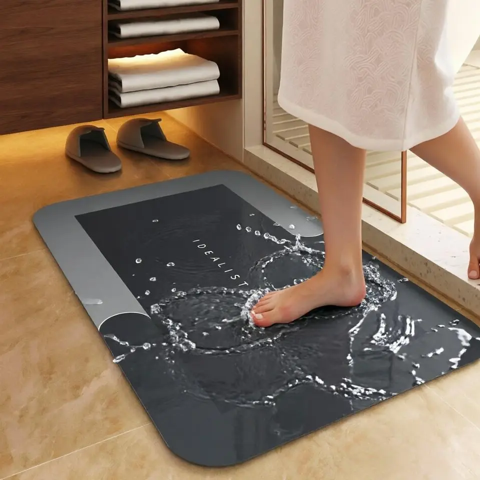 Quick Dry Diatomite Bath Mat, Grey Border Non Slip Super Water Absorbent Stone Shower Mat, Bathroom Floor Rug absorbing