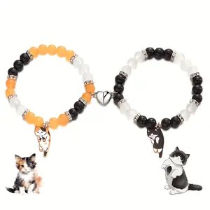 2pcs Magnetic Couple Bracelets with Cat Charms, Romance Style, Matching Friendship Bracelet Set with Heart Pendant, Creative Gift for Cat Lovers
