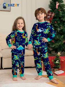 long sleeve pajama set, dinosaur print pants, casual fall & winter home wear, comfortable holiday sleepwear, 2 piece set cartoon print pajama