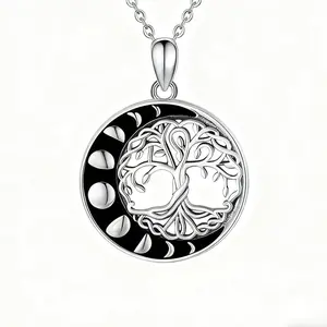 Sterling Silver Tree of Life & Moon Phase Pendant Necklace, Exquisite Boho Style Accessory for Women&Men Meaningful jewelry Gift