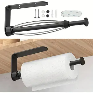 Paper Towel Holder Under Cabinet, Single Hand Operable Paper Towel Holder Wall Mount With Damping Effect, Self-Adhesive Or Drilling For Kitchen, Bathroom, Bathroom Accessories (Black)