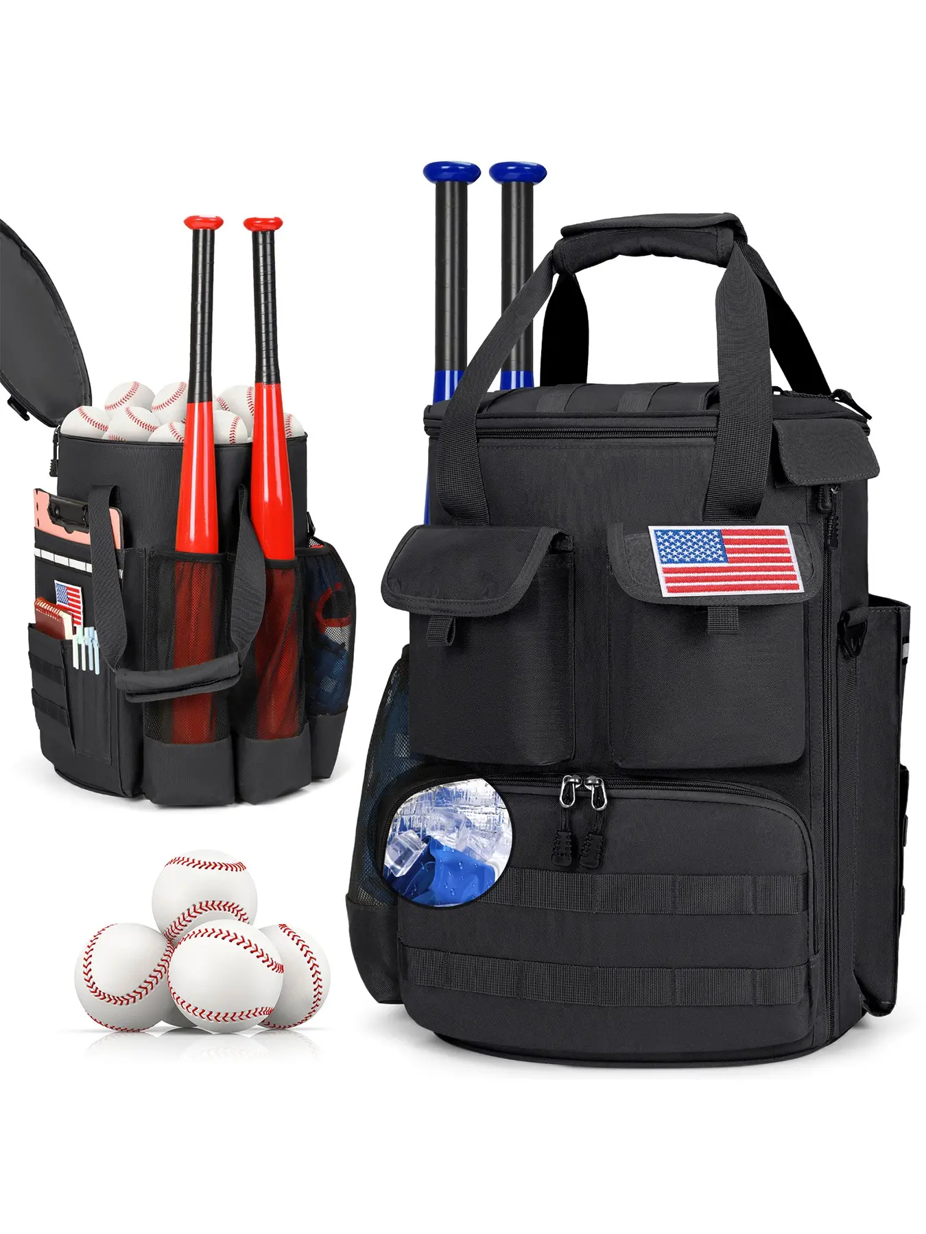 Baseball Bucket Bag Men Sport Coach Accessories Storage Bag with Insulated Pocket, Tactical Baseball Bag, Non-Slip Bottom Design, Multi-Pocket, Outdoor