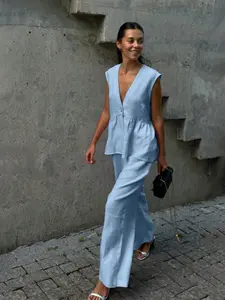 Women's Elegant Minimalist Casual Sleeveless Suit Set, V-Neck Skirt Jacket Pants, Outfit Perfect for Outdoors Dating Summer Vacation, 2 Piece Ensemble Elegance