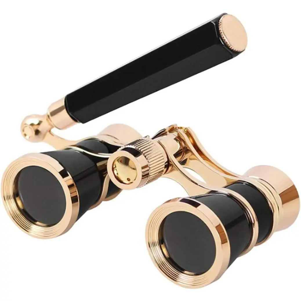 Polished Metal 3x25 Vintage Compact Binoculars with 25mm Optical Lens, Adjustable Handle, Unisex Mini Binoculars for Movie, Live Performance Events (Black)