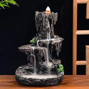 Waterfall Monk Incense Burner Mountain  Stick for Home Office Yoga Tower Incense Holders with 120 Backflow Incense Cones + 30 IncenseAromatcherapy Ornamen, Stone Brown