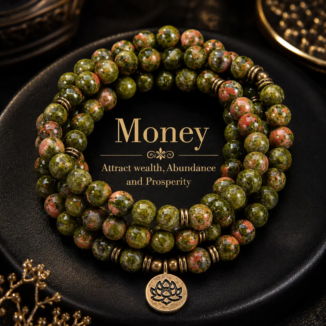 Unakite Healing Crystal Stone 108 Mala Beads Handmade Stacked Elastic Money Attraction Bracelett - Natural Stone Mindfulness Long Beaded Wrap  Genuine Gemstone Mala Prayer Beads Lotus Buddha Charm Yoga Japamala Jewelry Necklace , Lotus Pendant summerwins,