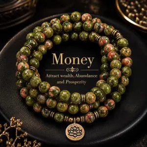 Unakite Healing Crystal Stone 108 Mala Beads Handmade Stacked Elastic Money Attraction Bracelett - Natural Stone Mindfulness Long Beaded Wrap  Genuine Gemstone Mala Prayer Beads Lotus Buddha Charm Yoga Japamala Jewelry Necklace , Lotus Pendant summerwins,