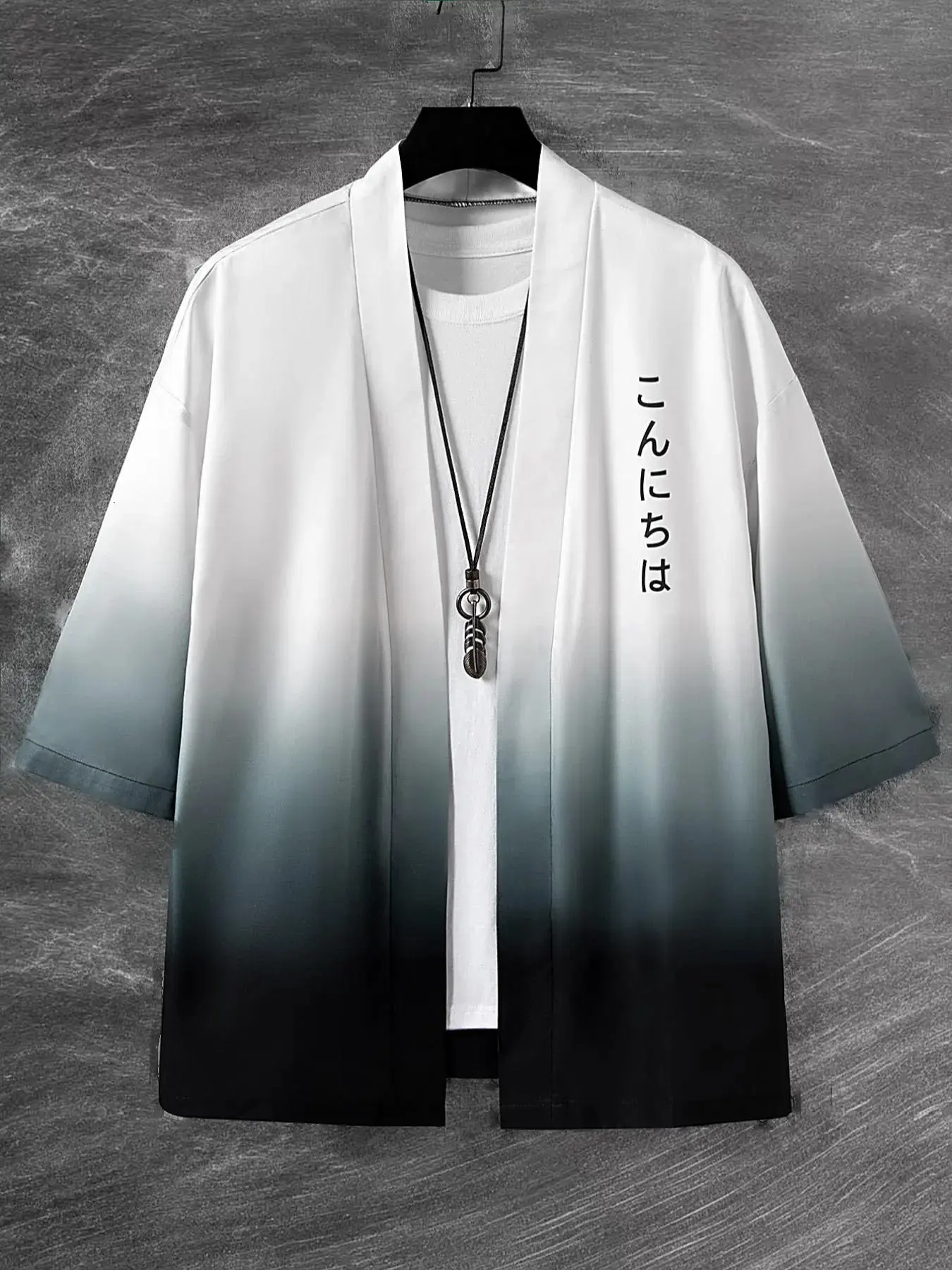 Men's Short Sleeve Loose Ombre Traditional Kimono with Japanese Letter Graphic, Casual Style, Fashion, Moderate Fabric, Perfect Gift for Boyfriend, Summer Wear, Menswear, Clothes