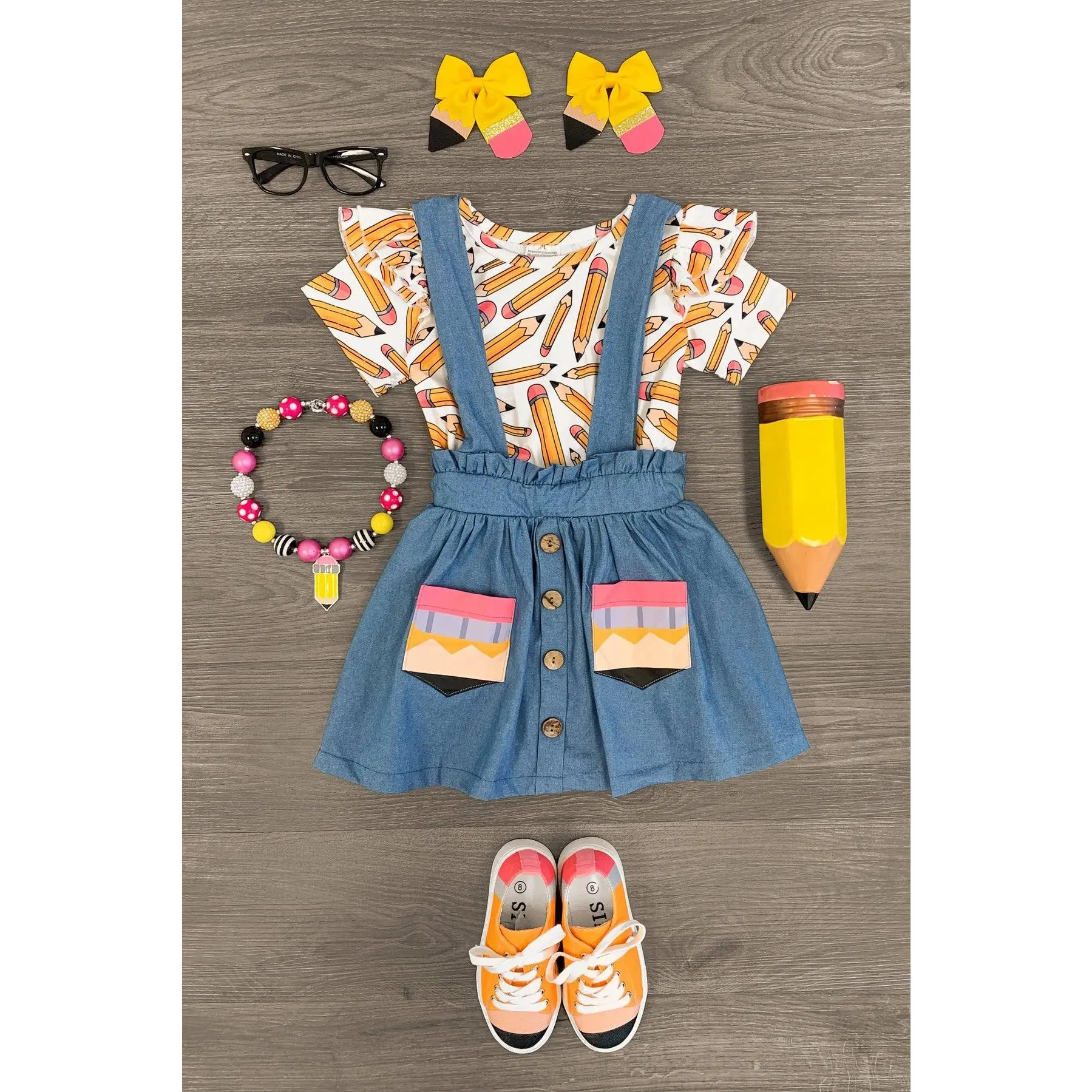 Kids Clothing Girls White Pencil-Chambray Suspender Skirt Set, Girls Clothes, Chambray Fabric, Pencil Print