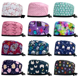 Pure cotton printed surgical cap, adjustable, for women with long hair, head wrap cap, dental and oral clinic scrub cap for men