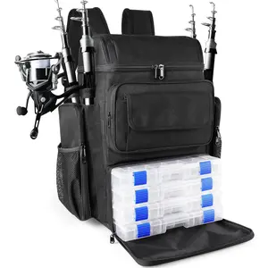 Fishing Tackle Backpack With Rod Holders, 45L Large Tackle Bag & Fishing Tackle Backpack for Fishing, Camping, Hiking,Black