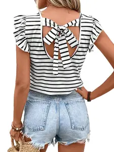 Women's Striped Print Butterfly Sleeve V Neck Tee, Casual Ruffle Cap Sleeve T-Shirt for Summer, Fashion Women's Top for Daily Wear, Bohemian Chic Casual