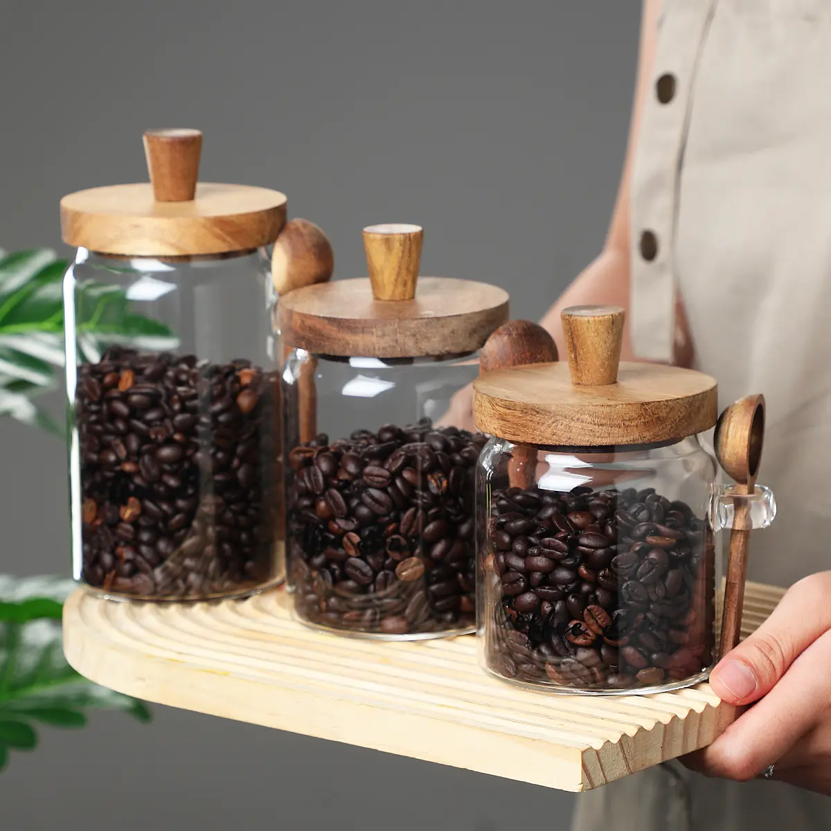 Coffee Bar Glass Canisters with Bamboo Lids and Spoons, 15/19/25 oz Airtight Storage Jars