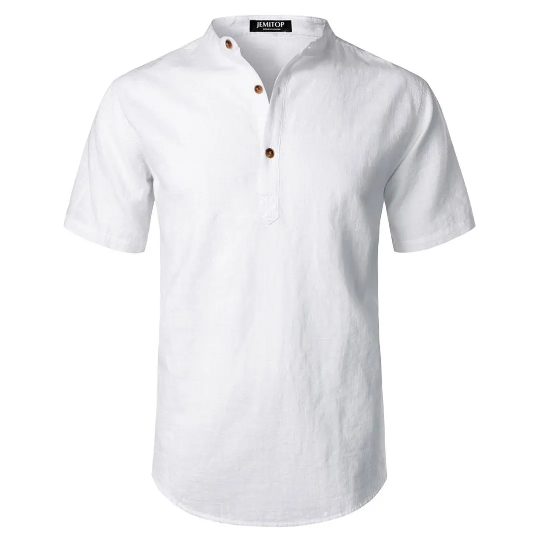 JEMITOP Men's Classic Plain Cotton Linen Henley Shirt with Banded Collar, Lightweight Sheer Short Sleeve Top for a Summer Holiday