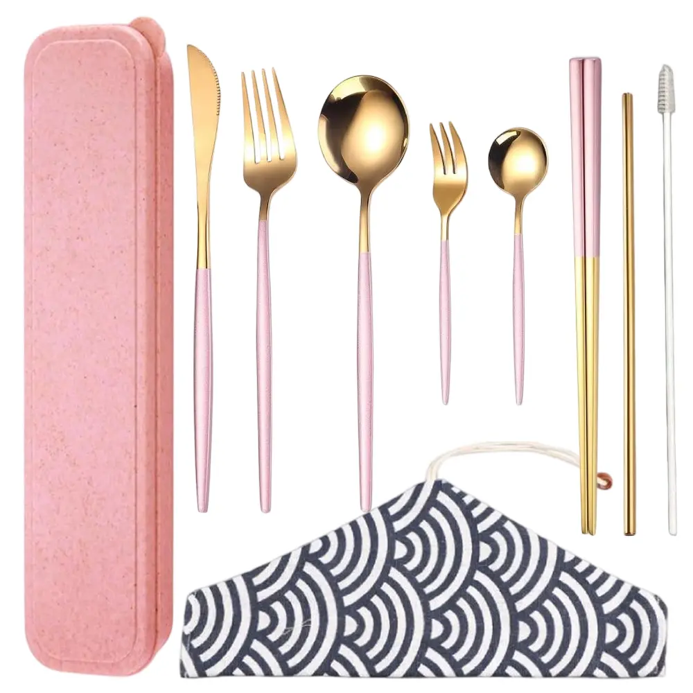 8 Packs Stainless Steel Flatware Set Portable Reusable Cutlery Set Travel Utensils Set Including Chopsticks Knife Fork Spoon Straws Cleaning Brush Dishwasher Safe (Pink Golden)
