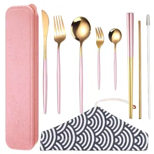 8 Packs Stainless Steel Flatware Set Portable Reusable Cutlery Set Travel Utensils Set Including Chopsticks Knife Fork Spoon Straws Cleaning Brush Dishwasher Safe (Pink Golden)