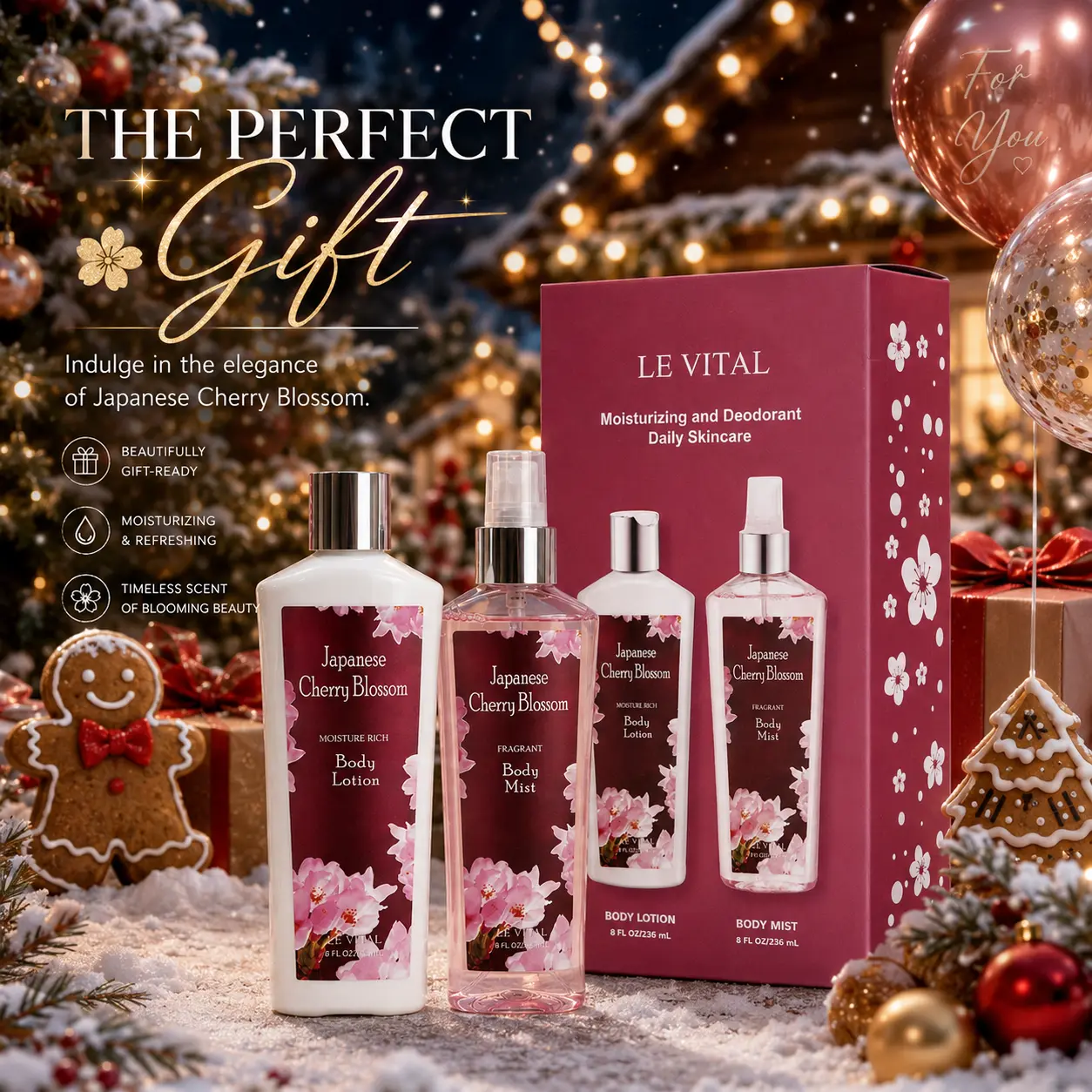Vital Luxury Japanese Cherry Blossom Gift Set for Women - 3-Piece Hydrating Body Care Bundle with Body Lotion & Shower Gel, Floral Mist (236ml), Gift Guide For Her, Moisturizing, Sakura, All Skin