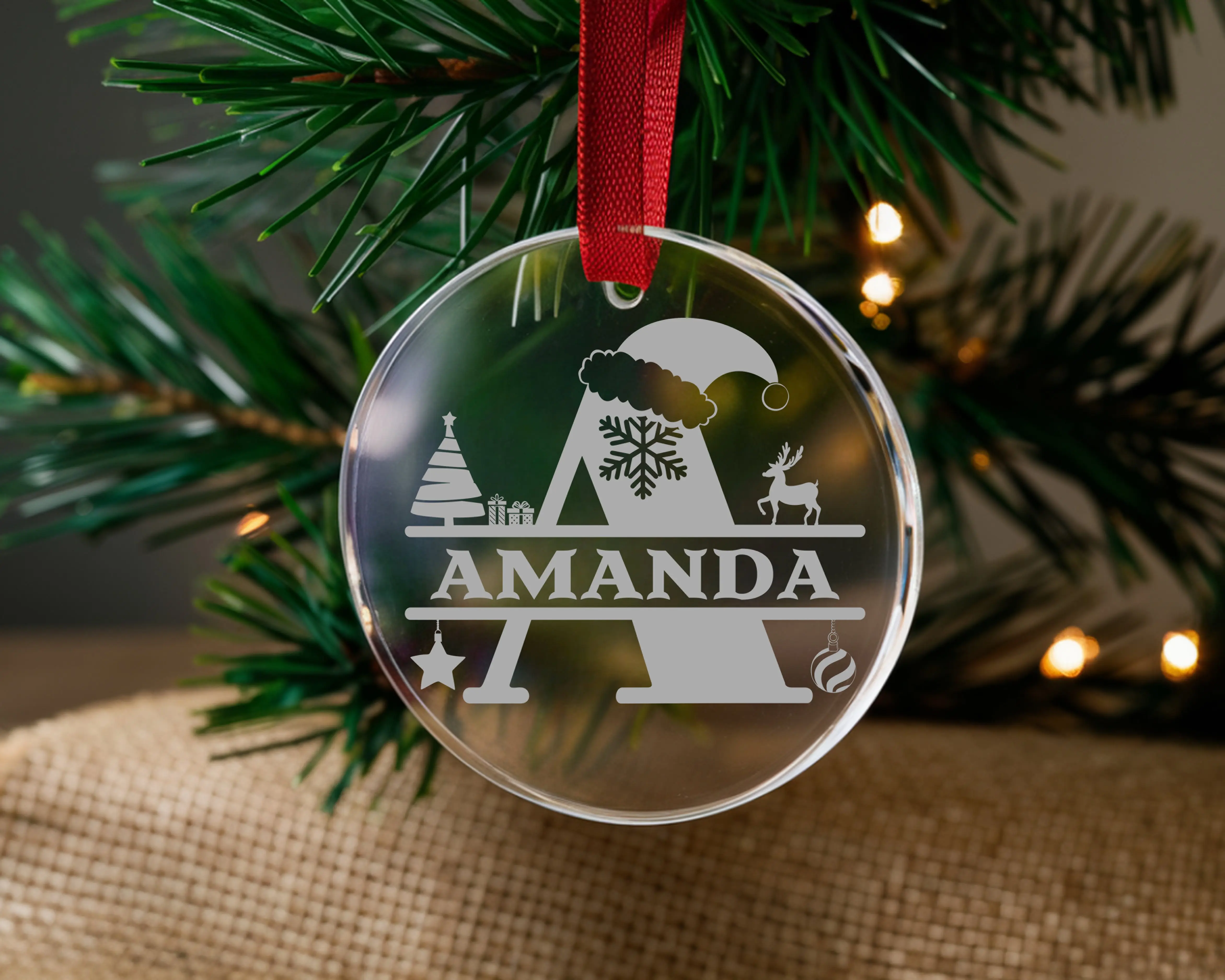Round Glass Christmas Ornament Personalized Monogram Laser Engraved with Custom Name for Festive Decor and Memorable Gifts