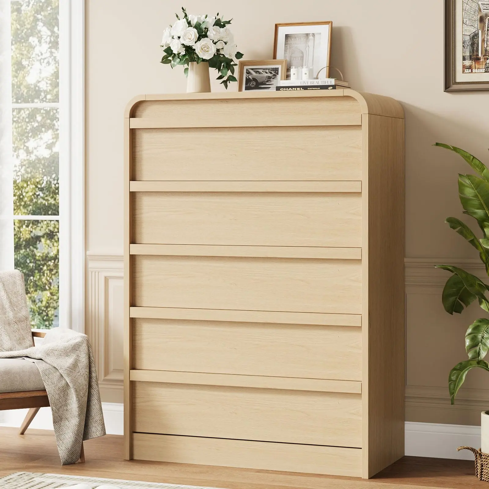 Garvee 45in Tall Arched 5-Drawer Sturdy Dresser - Wooden Handle-Free Drawer Unit, Curved Design Contemporary Cabinet, Bedroom Decor Closet Organizer (Natural Oak), Drawer Storage Cabinet, Dining Room