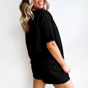 Black Casual Textured Tee and Drawstring Shorts Set