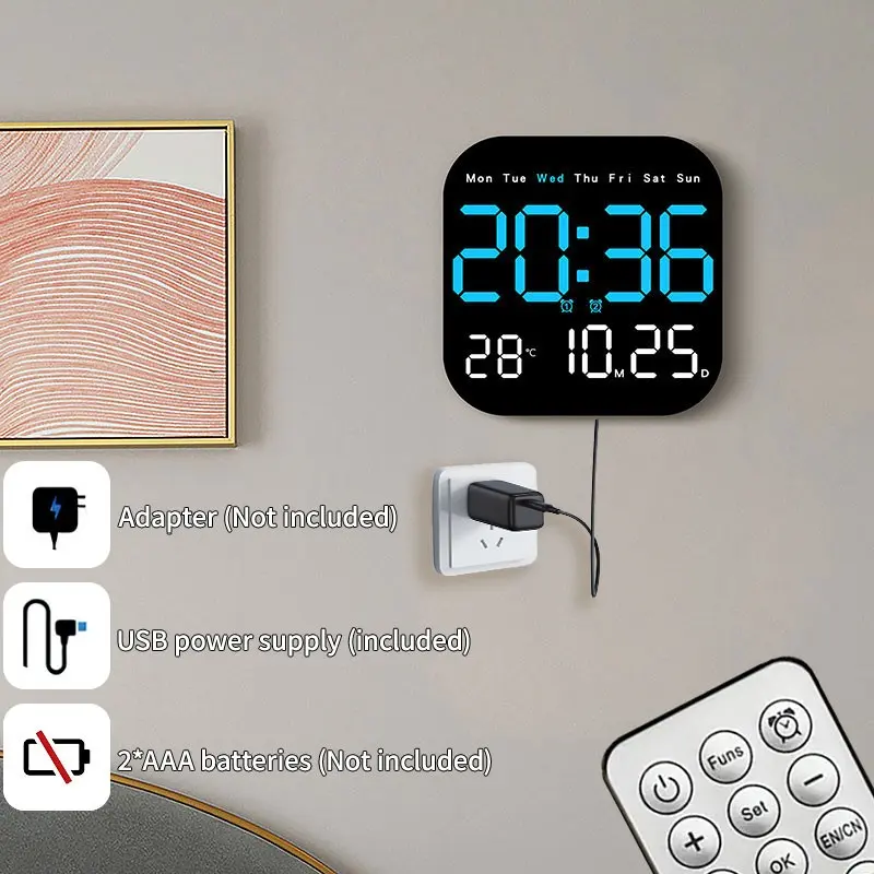 Large Screen Digital LED Electronic Clock, Wall-Mountable & Tabletop, Timer, Day, Temperature, Date Display, Adjustable Brightness, USB Powered, USB Powered Clocks