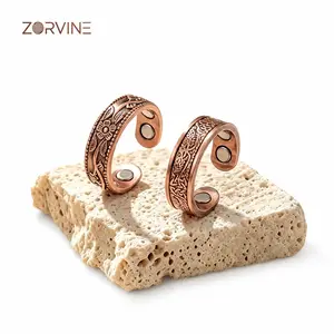 Couple Rings Set of 2, 99.99% Pure Copper Magnetic Therapy Rings for Women Men, Handmade Vintage Adjustable Promise Rings for Girlfriend, One Flower One Tree Engraved Design, Anniversary Gifts for Her Him