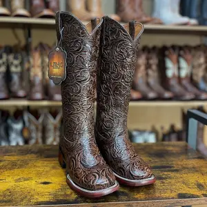 Lirac Brown Tooled Square Toe Cowgirl Boots