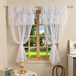 2 Piece Pure Color Lace Thin Sheer Kitchen Short Curtains, Living Room Bedroom Cafe Decor Curtains, Elegant Home Decoration