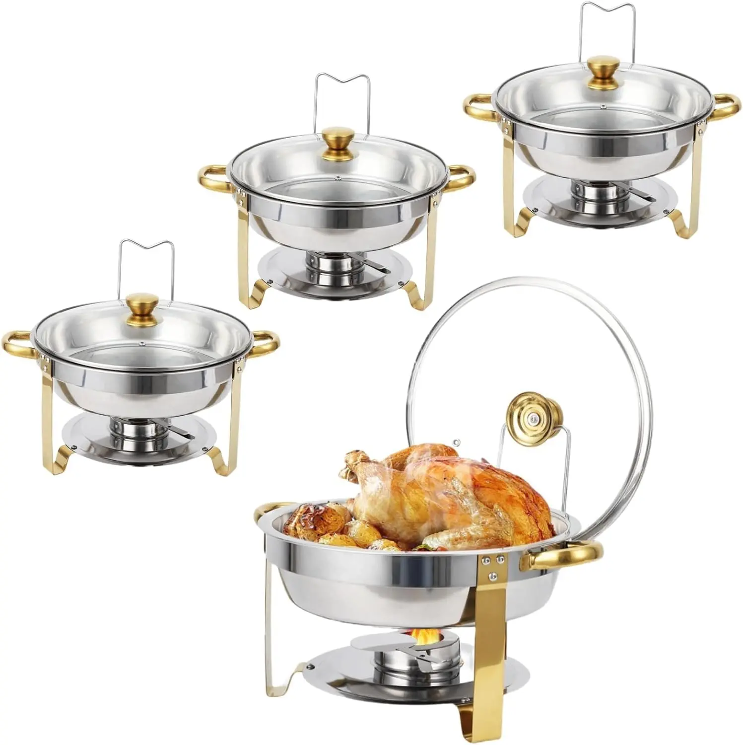 【Garvee】Versatile Round Stainless Steel Chafing Dishes Set – 5QT – Buffet Servers and Warmers with Glass Lids – for Parties, Catering, Weddings, Banquets – Silver and Gold Options, 2 or 4 Pack