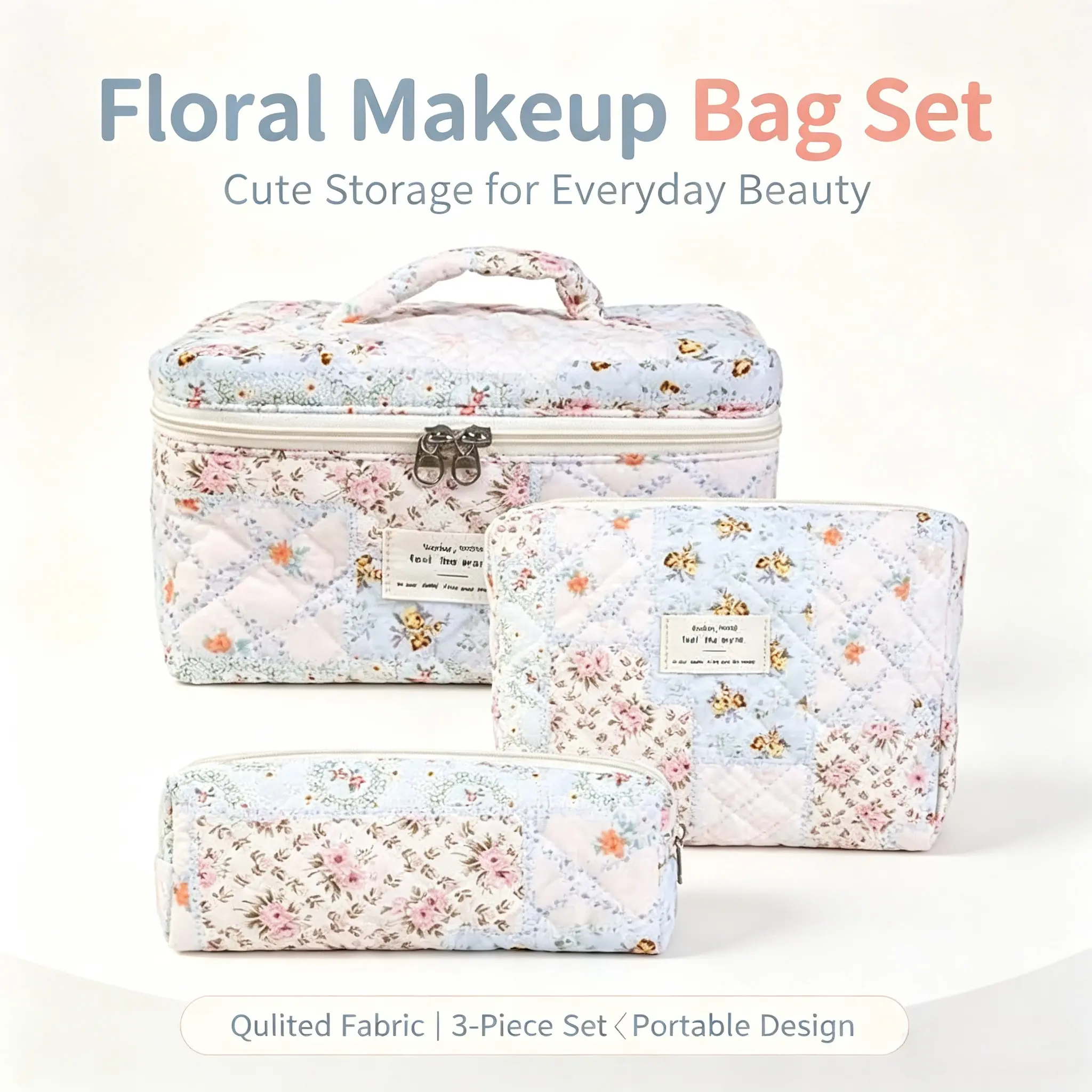 Coquette Floral Makeup Bag Set, Large Padded Quilted Cotton Cosmetic Pouch for Travel, Makeup Storage Organizer for Purse, Makeup Pouch For Purse