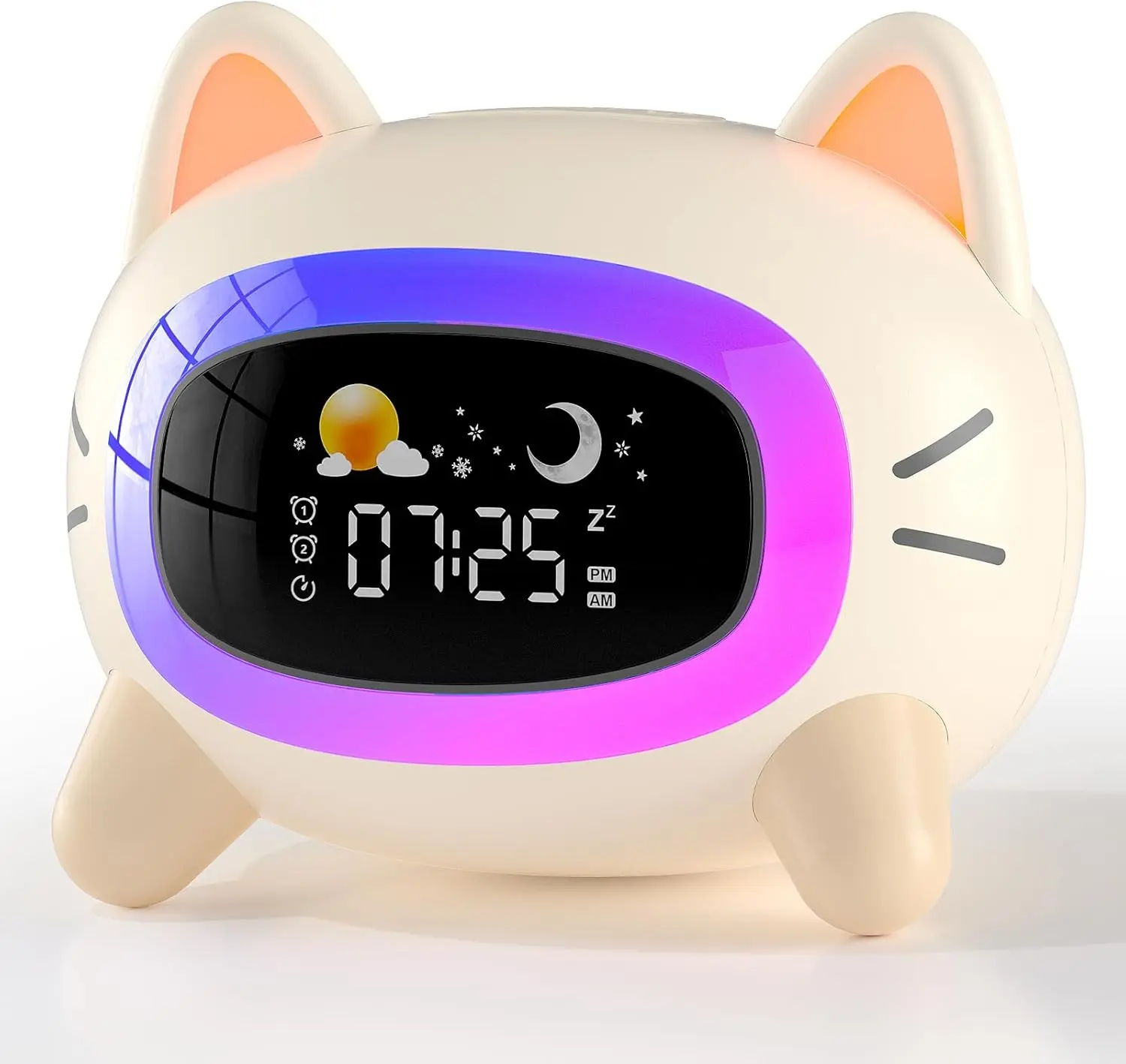 Kids Digital Round Cat Alarm Clock - Sleep Training Clock with Wake Up Feature, Night Light, Sound Machine, Multi-Time Settings, Home Decor Birthday Gift for Toddlers