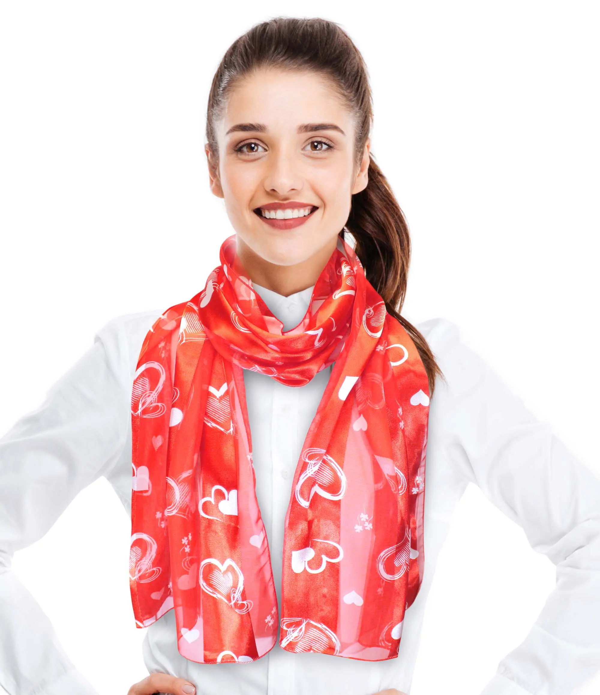 CBC Crown Women's Rectangular 13" x 60" All-Seasons Lightweight Polyester Silk-Feeling Scarf - Valentine Romantic Red Heart Print, Clothes Accessory for Everyday Elegant Casual Use, Hand Washable