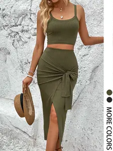 Women's Solid Ribbed Wrap Skirt Set, Casual Crop Cami Top & Knot Front Split Skirt, Ladies Clothes for Summer, Stretchy Outfit Sets