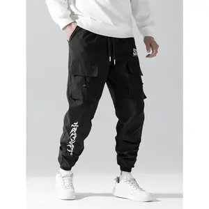 Viral 2-piece men’s letter print cargo joggers popular on TikTok, mid-rise drawstring waist with flap pockets, loose and soft sport fabric, street style trousers suitable for daily, outdoor and athletic casual looks fleece-lined winter
