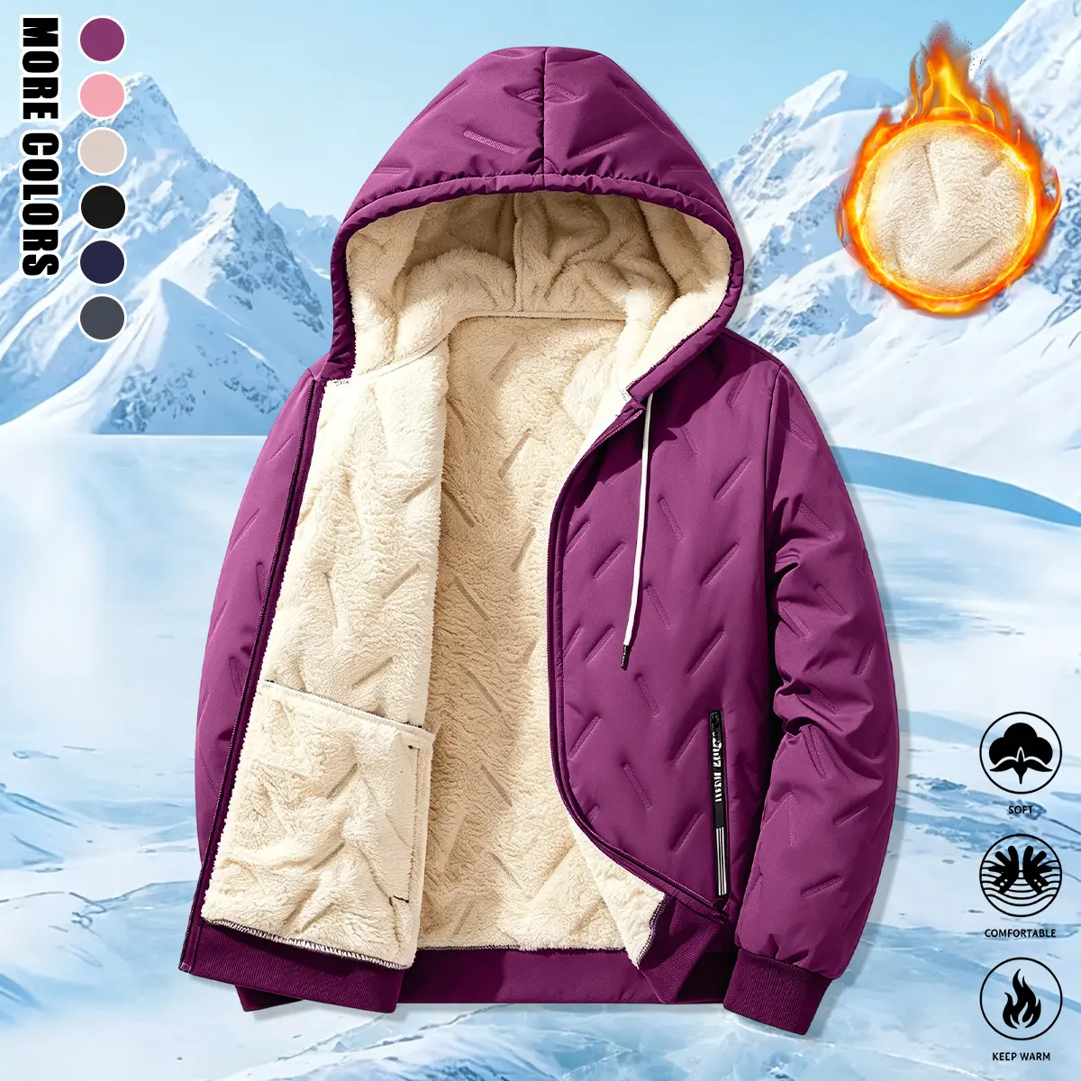 Women’s hooded cotton jacket, solid color, fleece-lined and thick, suitable for outdoor sports, commuting, and everyday wear; women’s jacket, women’s cotton coat, women’s outerwear, womenswear