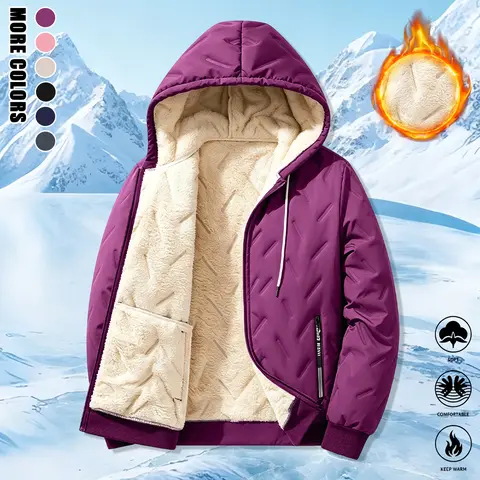 Women’s hooded cotton jacket, solid color, fleece-lined and thick, suitable for outdoor sports, commuting, and everyday wear; women’s jacket, women’s cotton coat, women’s outerwear, womenswear