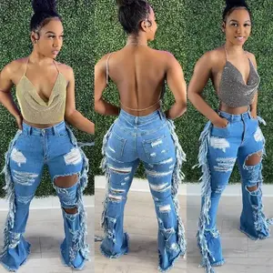 2025 Ripped Washed Tassel Summer New Long Jeans Womenswear Bottom